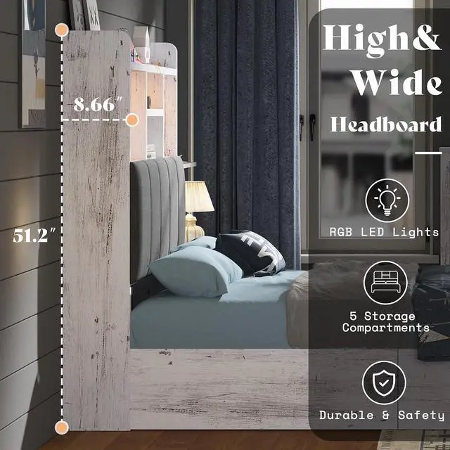Alt view image 7 of 7 - Twin Bed Frame with 51.2" Tall Bookcase Headboard, Farmhouse Platform Bed with 4 Storage Drawers, Linen Upholstered, Charging Station & Storage, Rustic White