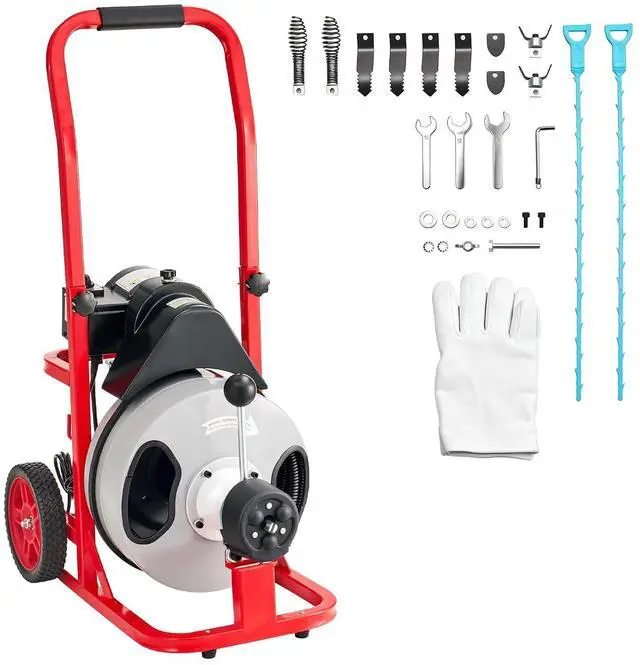 Main image of 100 FT x 1/2 inch Electric Drain Cleaner Machine with Auto-Feed & 10 Cutters, Sewer Snake Auger for 14 Inch Pipes, Foot Switch & Wheels, Ideal for Home & Commercial Use, Gray/Red
