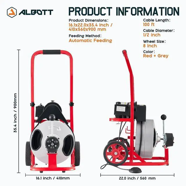 Alt view image 2 of 7 - 100 FT x 1/2 inch Electric Drain Cleaner Machine with Auto-Feed & 10 Cutters, Sewer Snake Auger for 14 Inch Pipes, Foot Switch & Wheels, Ideal for Home & Commercial Use, Gray/Red