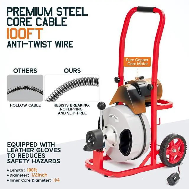 Alt view image 4 of 7 - 100 FT x 1/2 inch Electric Drain Cleaner Machine with Auto-Feed & 10 Cutters, Sewer Snake Auger for 14 Inch Pipes, Foot Switch & Wheels, Ideal for Home & Commercial Use, Gray/Red