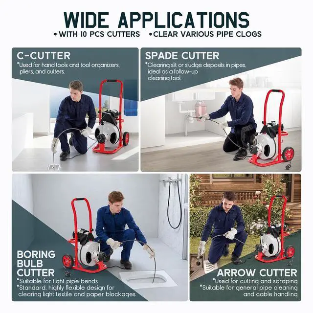 Alt view image 3 of 7 - 100 FT x 1/2 inch Electric Drain Cleaner Machine with Auto-Feed & 10 Cutters, Sewer Snake Auger for 14 Inch Pipes, Foot Switch & Wheels, Ideal for Home & Commercial Use, Gray/Red
