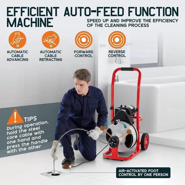 Alt view image 5 of 7 - 100 FT x 1/2 inch Electric Drain Cleaner Machine with Auto-Feed & 10 Cutters, Sewer Snake Auger for 14 Inch Pipes, Foot Switch & Wheels, Ideal for Home & Commercial Use, Gray/Red