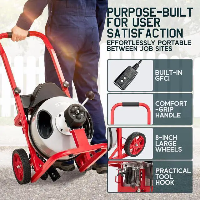 Alt view image 6 of 7 - 100 FT x 1/2 inch Electric Drain Cleaner Machine with Auto-Feed & 10 Cutters, Sewer Snake Auger for 14 Inch Pipes, Foot Switch & Wheels, Ideal for Home & Commercial Use, Gray/Red