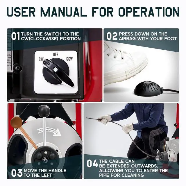 Alt view image 7 of 7 - 100 FT x 1/2 inch Electric Drain Cleaner Machine with Auto-Feed & 10 Cutters, Sewer Snake Auger for 14 Inch Pipes, Foot Switch & Wheels, Ideal for Home & Commercial Use, Gray/Red