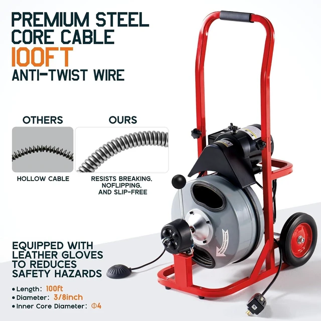 Alt view image 4 of 7 - 100 FT x 3/8 inch Electric Drain Cleaner Machine with Auto-Feed & 10 Cutters, Sewer Snake Auger for 14 Inch Pipes, Wheels & Foot Switch, Ideal for Home & Commercial Use, Gray/Red