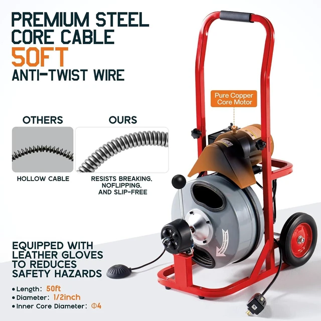 Alt view image 4 of 7 - 50 FT x 1/2 inch Electric Drain Cleaner Machine with Auto-Feed & 10 Cutters, Sewer Snake Auger for 14 Inch Pipes, Foot Switch & Wheels, Ideal for Home & Commercial Use, Gray/Red