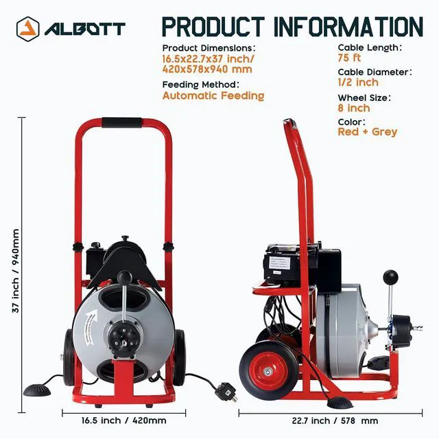 Alt view image 2 of 7 - 75 FT x 1/2 inch Electric Drain Cleaner Machine with Auto-Feed & 10 Cutters, Sewer Snake Auger for 14 Inch Pipes, Wheels & Foot Switch, Ideal for Home & Commercial Use, Gray/Red
