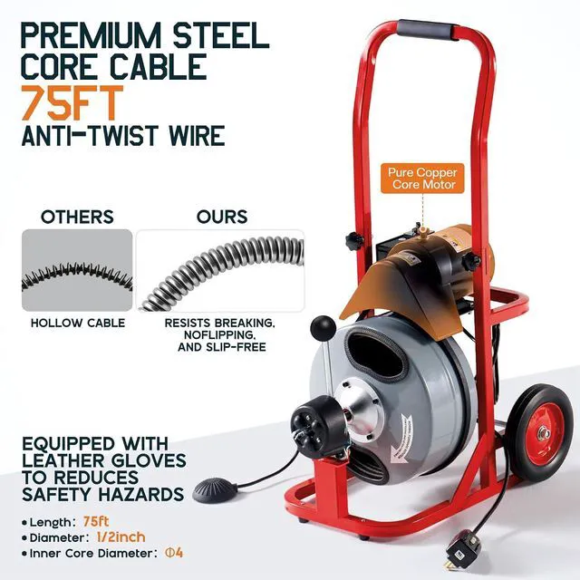 Alt view image 4 of 7 - 75 FT x 1/2 inch Electric Drain Cleaner Machine with Auto-Feed & 10 Cutters, Sewer Snake Auger for 14 Inch Pipes, Wheels & Foot Switch, Ideal for Home & Commercial Use, Gray/Red