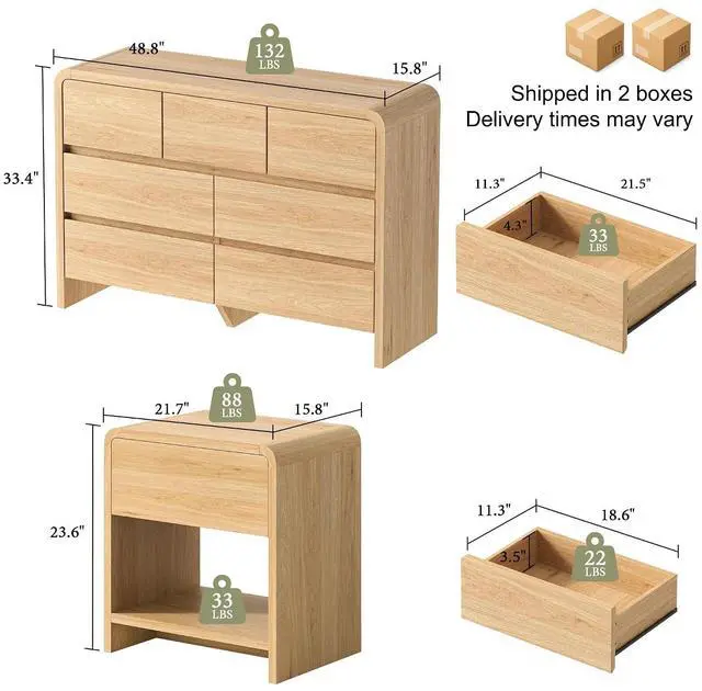 Alt view image 2 of 7 - Modern 3-Piece Bedroom Furniture Set with 7-Drawer Dresser and 2 Nightstands, Large Storage Capacity, Rounded Corners, Flexible Combination Design, Anti-Tip Kit Included, Light Oak