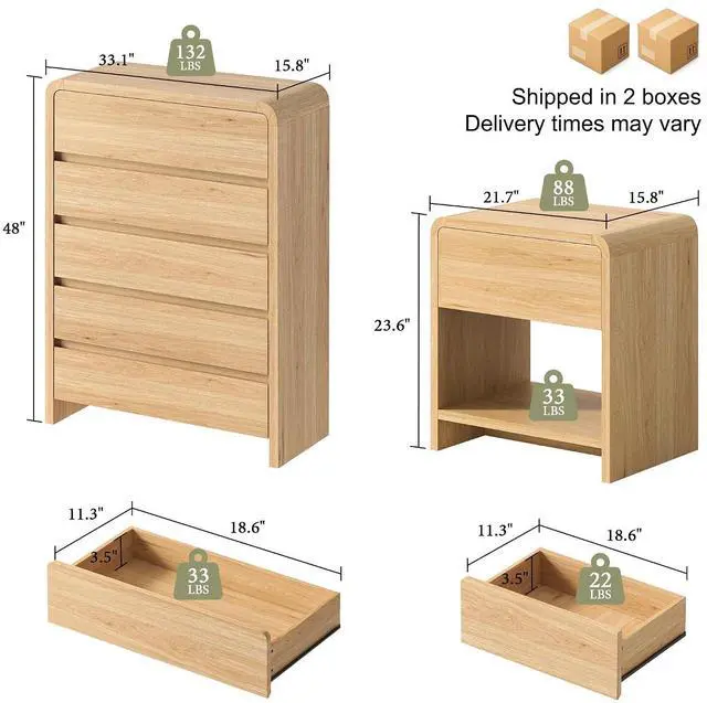 Alt view image 2 of 7 - Modern 3-Piece Bedroom Furniture Set with 5-Drawer Dresser and 2 Nightstands, Large Storage Capacity, Rounded Corners, Flexible Combination Design, Anti-Tip Kit Included, Light Oak