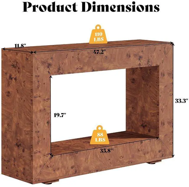 Alt view image 2 of 7 - 47.2" Burl Wood Console Table, Narrow Entryway Table with Storage, Modern Luxury Sofa Table for Living Room, Entrance, Hallway, Foyer & Office, Brown