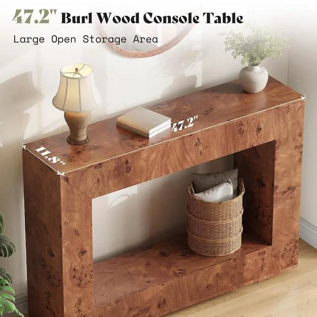 Alt view image 3 of 7 - 47.2" Burl Wood Console Table, Narrow Entryway Table with Storage, Modern Luxury Sofa Table for Living Room, Entrance, Hallway, Foyer & Office, Brown
