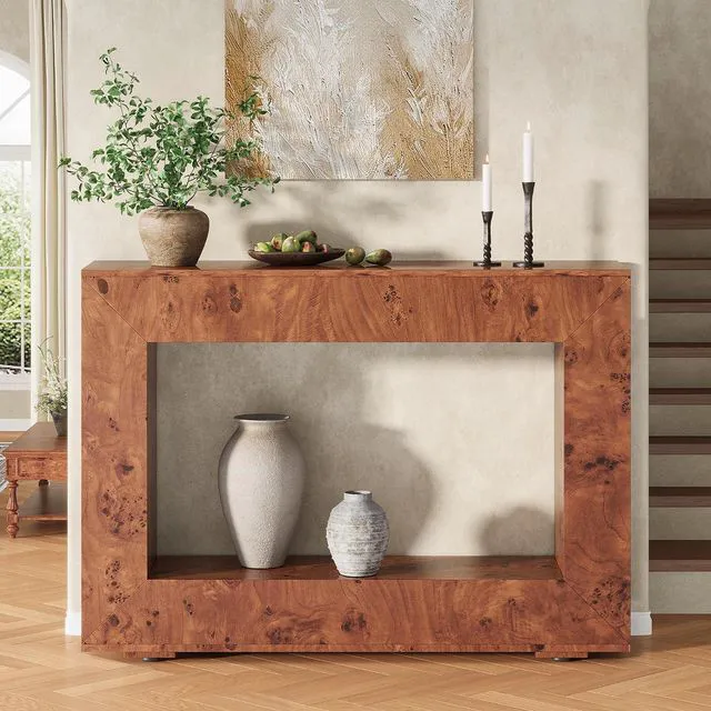 Alt view image 4 of 7 - 47.2" Burl Wood Console Table, Narrow Entryway Table with Storage, Modern Luxury Sofa Table for Living Room, Entrance, Hallway, Foyer & Office, Brown