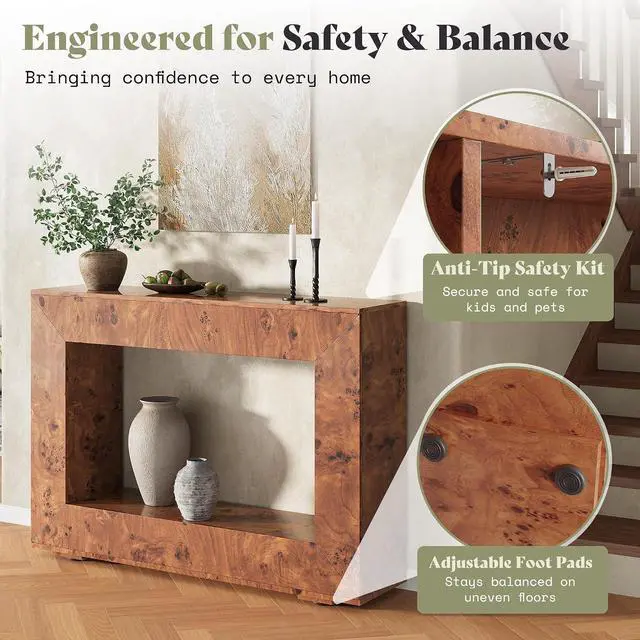 Alt view image 7 of 7 - 47.2" Burl Wood Console Table, Narrow Entryway Table with Storage, Modern Luxury Sofa Table for Living Room, Entrance, Hallway, Foyer & Office, Brown