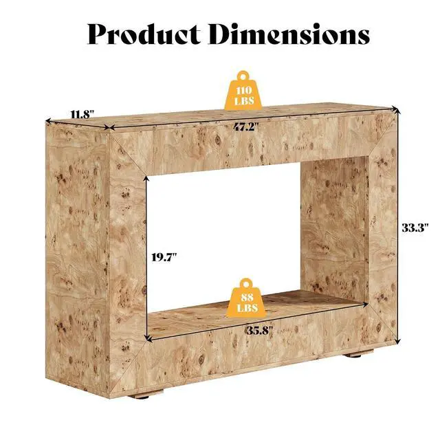 Alt view image 2 of 7 - 47.2" Burl Wood Console Table, Narrow Entryway Table with Storage, Modern Luxury Sofa Table for Living Room, Entrance, Hallway, Foyer & Office, Natural