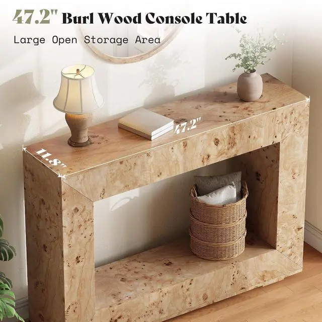 Alt view image 3 of 7 - 47.2" Burl Wood Console Table, Narrow Entryway Table with Storage, Modern Luxury Sofa Table for Living Room, Entrance, Hallway, Foyer & Office, Natural
