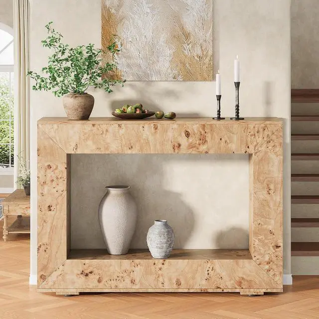 Alt view image 4 of 7 - 47.2" Burl Wood Console Table, Narrow Entryway Table with Storage, Modern Luxury Sofa Table for Living Room, Entrance, Hallway, Foyer & Office, Natural