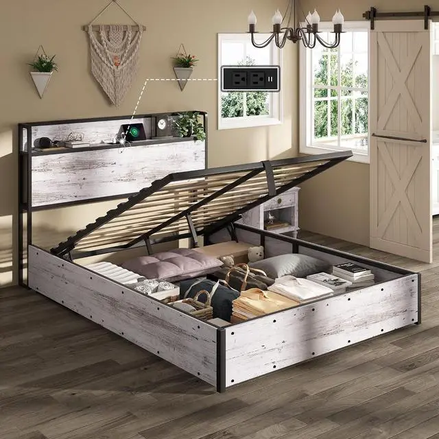 Main image of Queen Size Lift Up Storage Bed Frame, Wooden Platform Bed Frame with Lifting Storage & Charging Station, No Spring Box Needed/Noise Free, White Birch