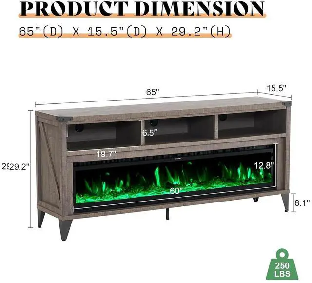 Alt view image 4 of 7 - 65" Fireplace TV Stand with 60" Glass Electric Fireplace, Industrial & Farmhouse Media Entertainment Center with Open Shelve Storage for TVs Up to 75", TV Console for Living Room, Light Gray