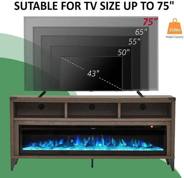 Alt view image 5 of 7 - 65" Fireplace TV Stand with 60" Glass Electric Fireplace, Industrial & Farmhouse Media Entertainment Center with Open Shelve Storage for TVs Up to 75", TV Console for Living Room, Light Gray