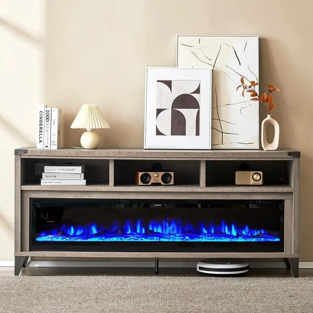 Alt view image 6 of 7 - 65" Fireplace TV Stand with 60" Glass Electric Fireplace, Industrial & Farmhouse Media Entertainment Center with Open Shelve Storage for TVs Up to 75", TV Console for Living Room, Light Gray