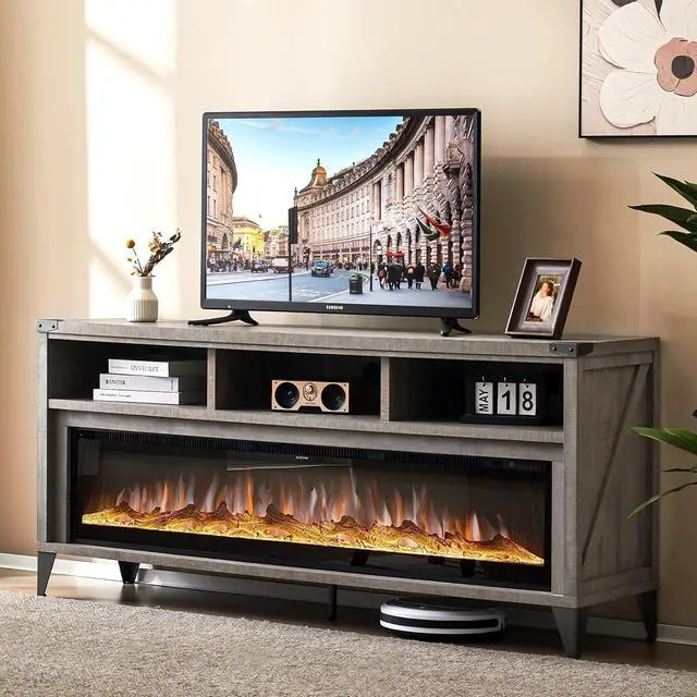 Alt view image 7 of 7 - 65" Fireplace TV Stand with 60" Glass Electric Fireplace, Industrial & Farmhouse Media Entertainment Center with Open Shelve Storage for TVs Up to 75", TV Console for Living Room, Light Gray