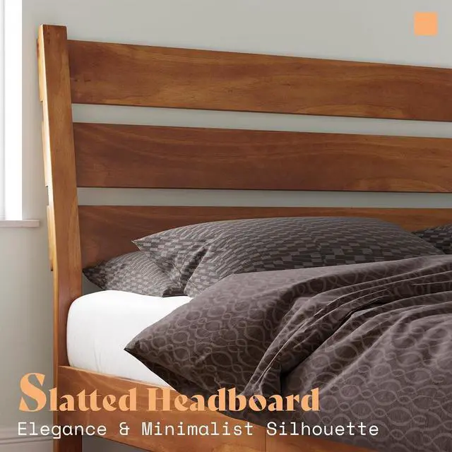 Alt view image 4 of 7 - Solid Wood King Size Bed Frame, Mid Century Modern Platform Bed Frame with Reclining Headboard, Sturdy & Noise Free, No Box Spring Needed, Light Brown