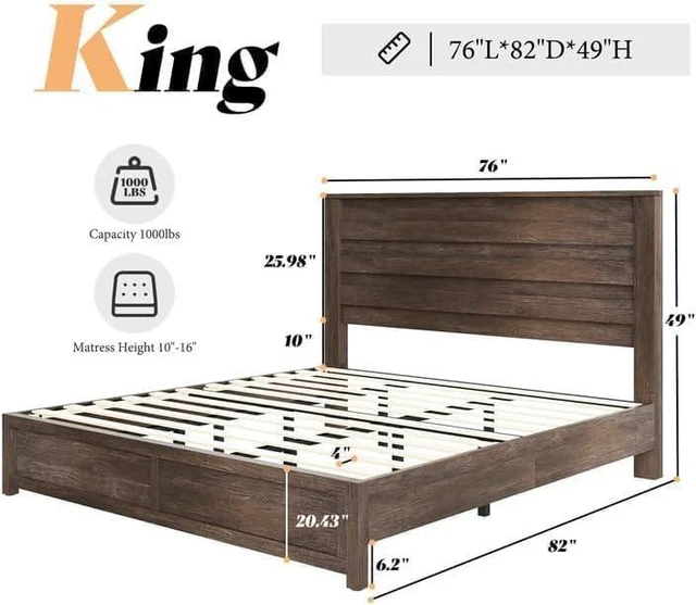 Alt view image 2 of 7 - Wooden King Bed Frame with 49" Fluted Headboard | Grey Farmhouse Platform Bed, Natural Grain Finish, Noise-Free Frame, No Box Spring Required, Easy Assembly, 1000 lbs Support