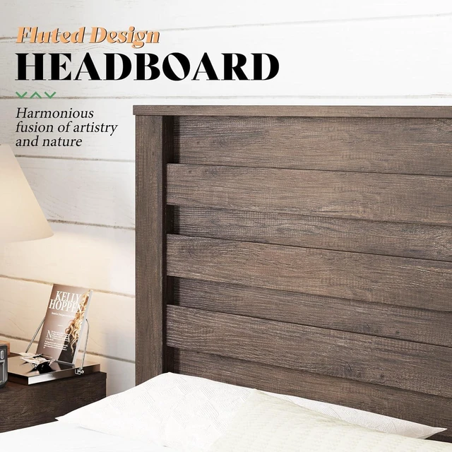 Alt view image 3 of 7 - Wooden King Bed Frame with 49" Fluted Headboard | Grey Farmhouse Platform Bed, Natural Grain Finish, Noise-Free Frame, No Box Spring Required, Easy Assembly, 1000 lbs Support