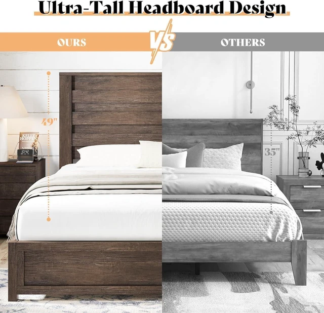 Alt view image 5 of 7 - Wooden King Bed Frame with 49" Fluted Headboard | Grey Farmhouse Platform Bed, Natural Grain Finish, Noise-Free Frame, No Box Spring Required, Easy Assembly, 1000 lbs Support