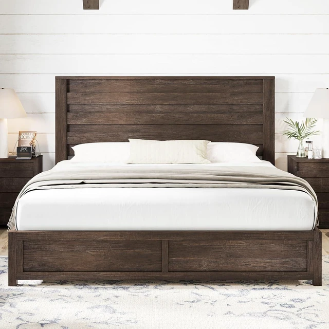 Alt view image 7 of 7 - Wooden King Bed Frame with 49" Fluted Headboard | Grey Farmhouse Platform Bed, Natural Grain Finish, Noise-Free Frame, No Box Spring Required, Easy Assembly, 1000 lbs Support