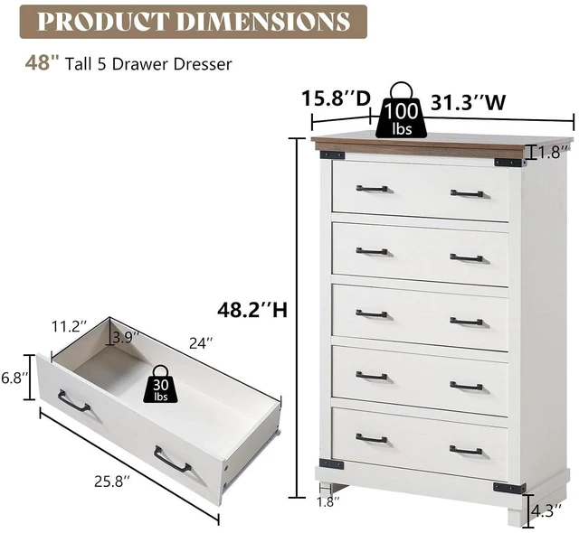 Alt view image 2 of 7 - Farmhouse Dresser with 5 Drawers, 48" Tall Wood Dresser for Bedroom, Living Room & Entryway, Chest of Drawers with Smooth Metal Slide Rails & Anti-Tipping Design, Antique White