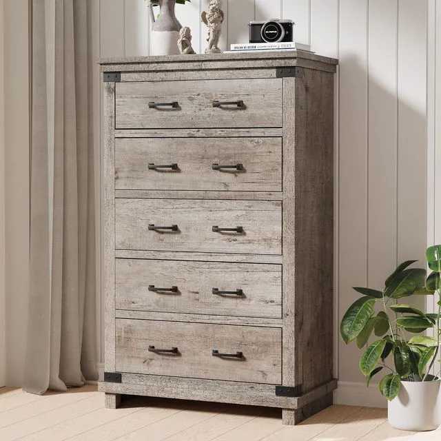 Main image of 48" Tall Farmhouse Dresser with 5 Drawers, Wood Chest of Drawers with Smooth Metal Slide Rails & Anti-Tipping Design, Storage Dresser for Bedroom, Living Room, Entryway, Light Grey