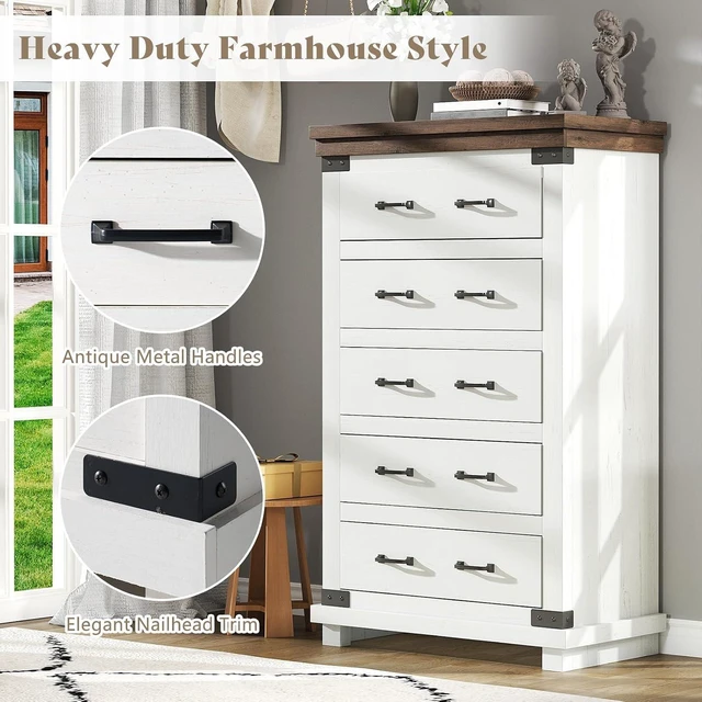 Alt view image 4 of 7 - Farmhouse Dresser with 5 Drawers, 48" Tall Wood Dresser for Bedroom, Living Room & Entryway, Chest of Drawers with Smooth Metal Slide Rails & Anti-Tipping Design, Antique White