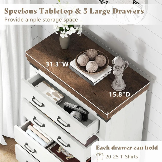 Alt view image 3 of 7 - Farmhouse Dresser with 5 Drawers, 48" Tall Wood Dresser for Bedroom, Living Room & Entryway, Chest of Drawers with Smooth Metal Slide Rails & Anti-Tipping Design, Antique White