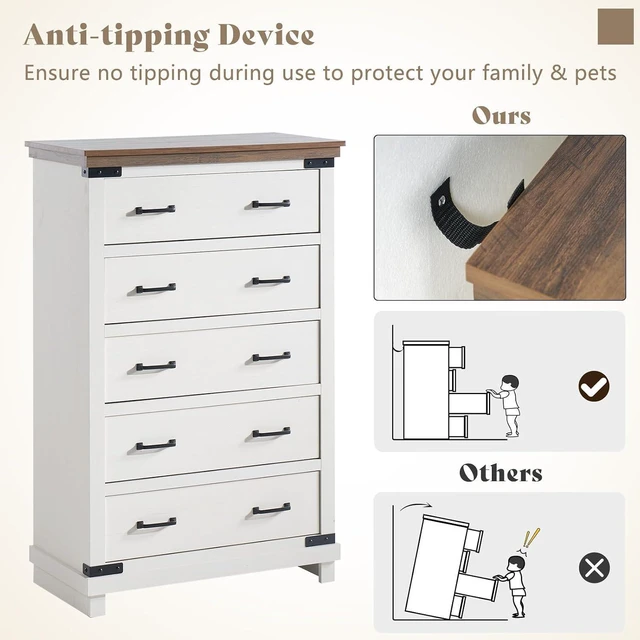 Alt view image 6 of 7 - Farmhouse Dresser with 5 Drawers, 48" Tall Wood Dresser for Bedroom, Living Room & Entryway, Chest of Drawers with Smooth Metal Slide Rails & Anti-Tipping Design, Antique White