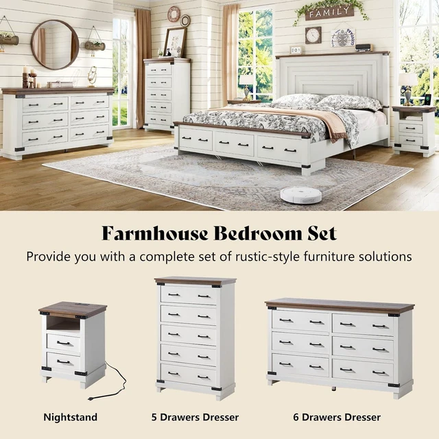 Alt view image 7 of 7 - Farmhouse Dresser with 5 Drawers, 48" Tall Wood Dresser for Bedroom, Living Room & Entryway, Chest of Drawers with Smooth Metal Slide Rails & Anti-Tipping Design, Antique White