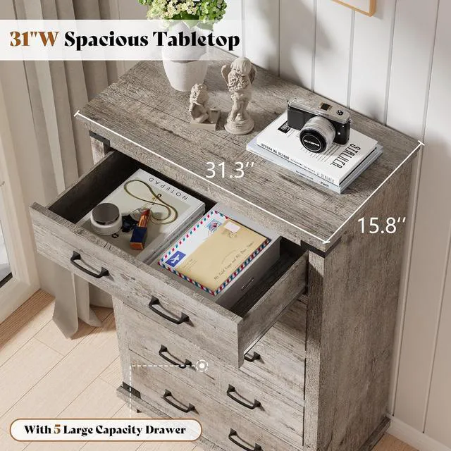 Alt view image 3 of 7 - 48" Tall Farmhouse Dresser with 5 Drawers, Wood Chest of Drawers with Smooth Metal Slide Rails & Anti-Tipping Design, Storage Dresser for Bedroom, Living Room, Entryway, Light Grey
