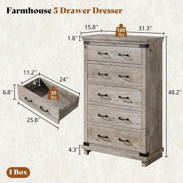 Alt view image 2 of 7 - 48" Tall Farmhouse Dresser with 5 Drawers, Wood Chest of Drawers with Smooth Metal Slide Rails & Anti-Tipping Design, Storage Dresser for Bedroom, Living Room, Entryway, Light Grey