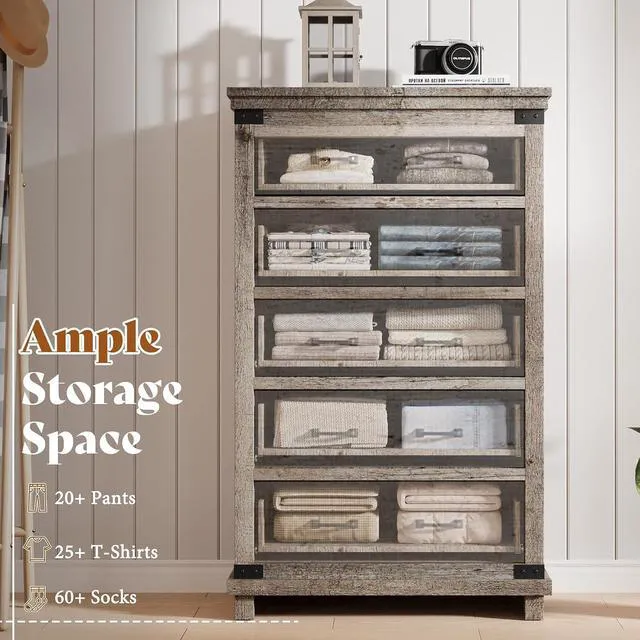 Alt view image 4 of 7 - 48" Tall Farmhouse Dresser with 5 Drawers, Wood Chest of Drawers with Smooth Metal Slide Rails & Anti-Tipping Design, Storage Dresser for Bedroom, Living Room, Entryway, Light Grey