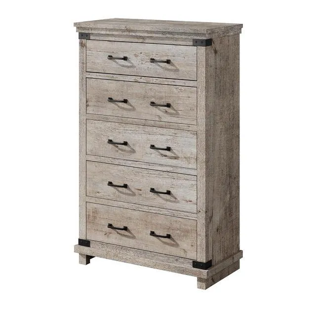 Alt view image 7 of 7 - 48" Tall Farmhouse Dresser with 5 Drawers, Wood Chest of Drawers with Smooth Metal Slide Rails & Anti-Tipping Design, Storage Dresser for Bedroom, Living Room, Entryway, Light Grey