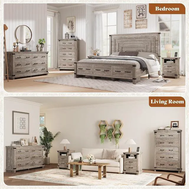 Alt view image 6 of 7 - 48" Tall Farmhouse Dresser with 5 Drawers, Wood Chest of Drawers with Smooth Metal Slide Rails & Anti-Tipping Design, Storage Dresser for Bedroom, Living Room, Entryway, Light Grey