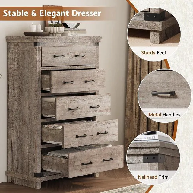 Alt view image 5 of 7 - 48" Tall Farmhouse Dresser with 5 Drawers, Wood Chest of Drawers with Smooth Metal Slide Rails & Anti-Tipping Design, Storage Dresser for Bedroom, Living Room, Entryway, Light Grey