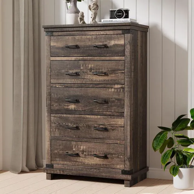 Main image of Farmhouse 5 Drawer Dresser, 48" Tall Wood Chest of Drawers with Anti-Tip Design & Smooth Metal Rails, Storage Cabinet for Bedroom, Living Room & Entryway, Black Oak
