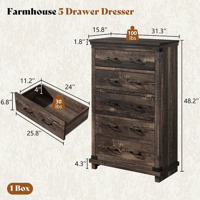 Alt view image 2 of 7 - Farmhouse 5 Drawer Dresser, 48" Tall Wood Chest of Drawers with Anti-Tip Design & Smooth Metal Rails, Storage Cabinet for Bedroom, Living Room & Entryway, Black Oak