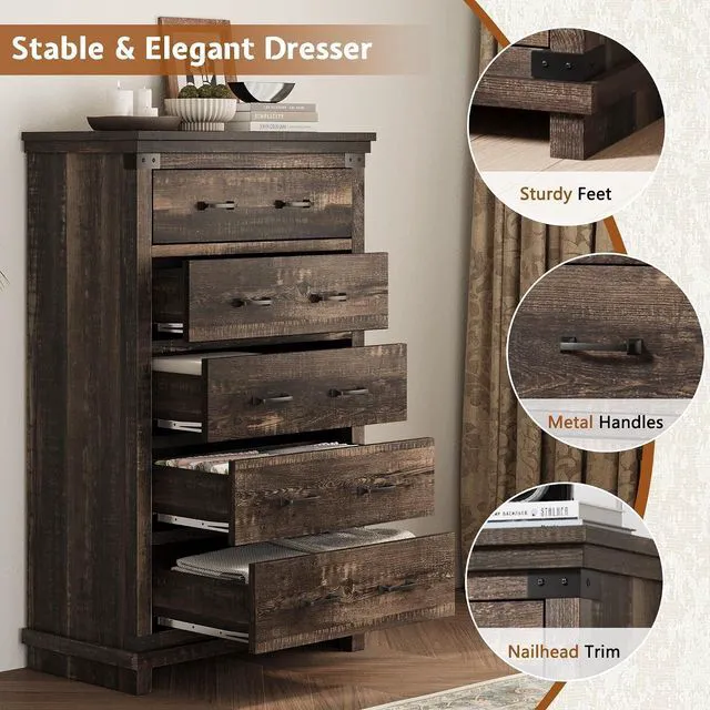 Alt view image 5 of 7 - Farmhouse 5 Drawer Dresser, 48" Tall Wood Chest of Drawers with Anti-Tip Design & Smooth Metal Rails, Storage Cabinet for Bedroom, Living Room & Entryway, Black Oak
