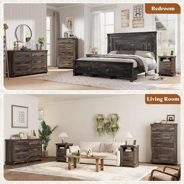 Alt view image 6 of 7 - Farmhouse 5 Drawer Dresser, 48" Tall Wood Chest of Drawers with Anti-Tip Design & Smooth Metal Rails, Storage Cabinet for Bedroom, Living Room & Entryway, Black Oak