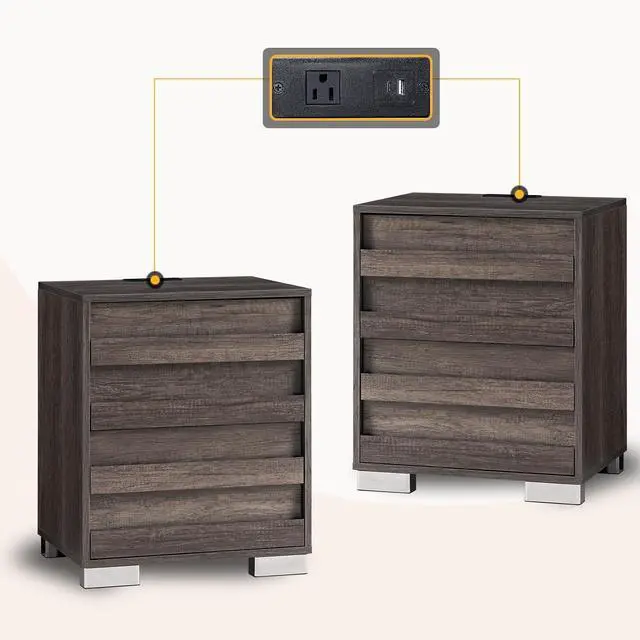 Main image of End Tables with Charging Station, Wood Bedside Table with 2 Drawers, Farmhouse Nightstand Set of 2 with Slated Handles & Stainless Steel Feet for Bedroom, Living Room, Grey