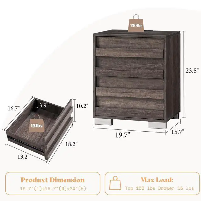 Alt view image 3 of 7 - End Tables with Charging Station, Wood Bedside Table with 2 Drawers, Farmhouse Nightstand Set of 2 with Slated Handles & Stainless Steel Feet for Bedroom, Living Room, Grey