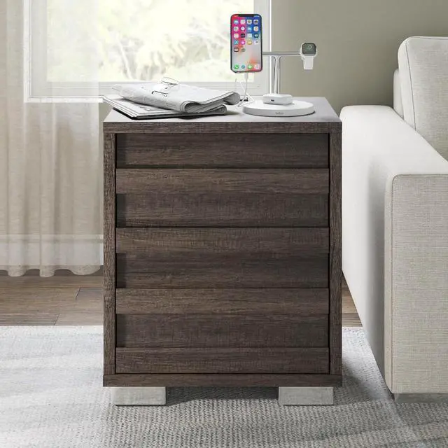 Alt view image 2 of 7 - End Tables with Charging Station, Wood Bedside Table with 2 Drawers, Farmhouse Nightstand Set of 2 with Slated Handles & Stainless Steel Feet for Bedroom, Living Room, Grey